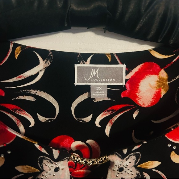 JM Collection Keyhole Neck Flared Tunic 3/4 Sleeve Floral Print w/Rhinestones 2X - Picture 3 of 7